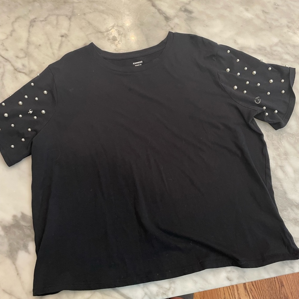 Express Black T Shirt with Pearl Detail sleeves